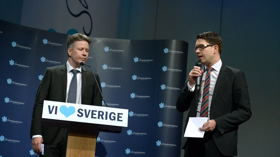 David Lång (SD) tillsammans med partiledaren Jimmie Åkesson (SD) år 2013.
