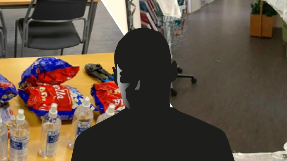 Delar av tjuvens stöldgods samt rutan som slogs sönder med en brandsläckare. Bilden är ett montage.