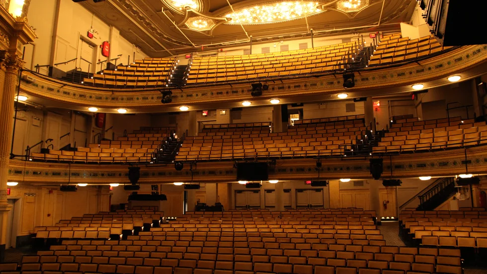 Hudson Theatre i New York som öppnade 1903. 2023 går teaterbranschen igenom en stor kris efter pandemiåren. Arkivbild.