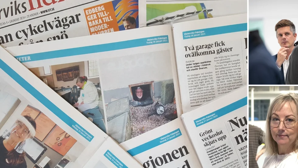 Västerviks-Tidningens papperstidning kommer att komma ut tre istället för sex dagar. På bilden Mattias Ternstedt, vd Svensk hemleverans, samt Maria Kustvik, publicistisk chef NTM.
