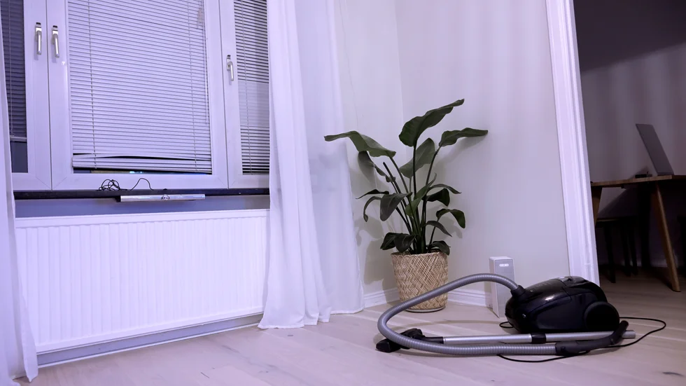 "Två kommer in, en med dammsugare på ryggen och en som sprayar vatten på golvet och valsar runt med en mopp".