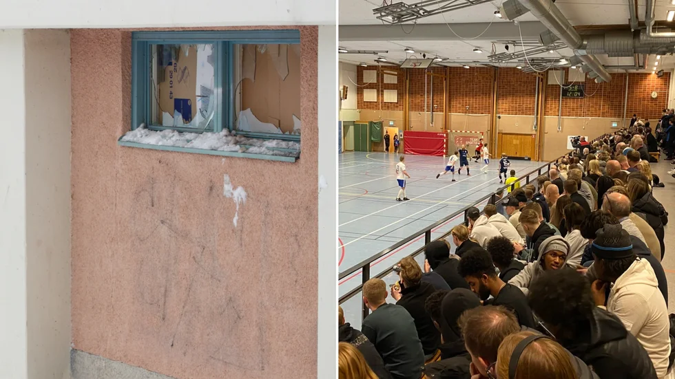 Inte bara skadegörelser i form av krossade fönster drabbade Hällaskolan i veckan som gick. En fyrverkeripjäs kastades också in bland publik och spelare i samband med en fotbollscup.