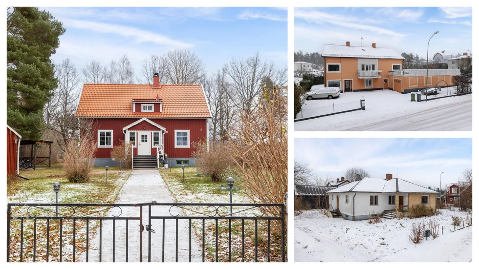 De mest visade husen under vecka 51: Stora bilden: Huset på Skogshagagatan. Övre bilden: Huset i Överum. Nedre bilden: Huset på Fridborgsgatan.