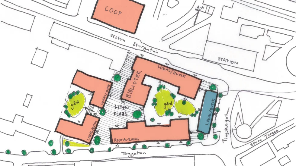 Sedan maj i år har kommunpolitiker fått ta del av denna skiss för hur Gnesta centrum planeras se ut om några år.