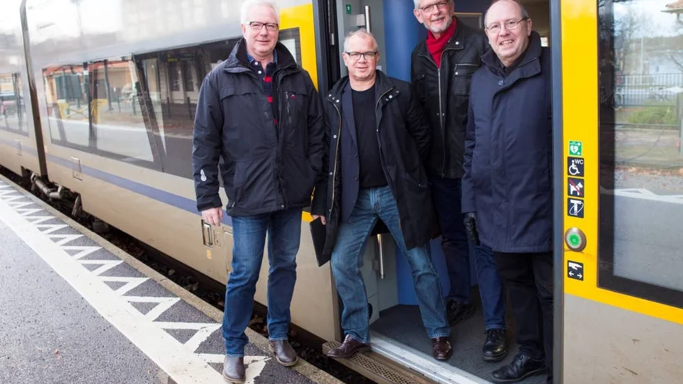 Presskonferens. Anders Åkesson, Christer Jonsson, Leif Larsson och Mats Hugosson från Centerpartiet pratade om Tjustbanans framtid.