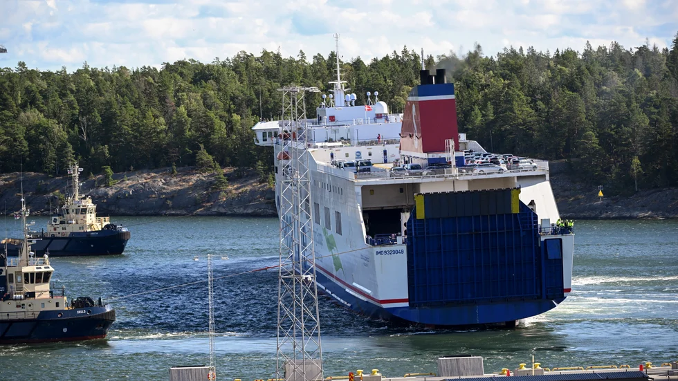 Den eldhärjade Stena Scandica efter ankomsten till Nynäshamn, i slutet av augusti 2022.