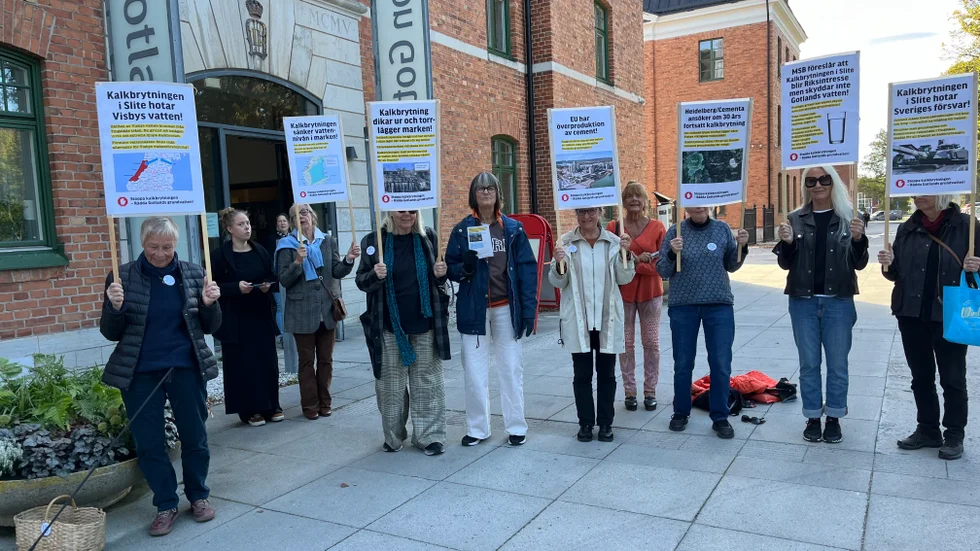 Protester mot Heidelbergs stenbrytning. Demonstranter från det partipolitiskt obundna nätverket ”Bevara File Hajdar och Tingstäde träsk” utanför regionfullmäktiges sammanträde. 