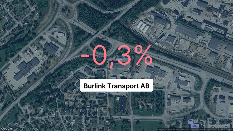 Illustrationen visar rörelsemarginalen för Burlink Transport för det senaste året. Bakgrunden är en satellitbild över företagets adress.