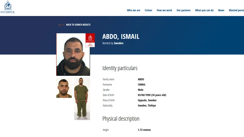 Ismail Abdo är nu efterlyst av Interpol. Så här ser efterlysningen ut.