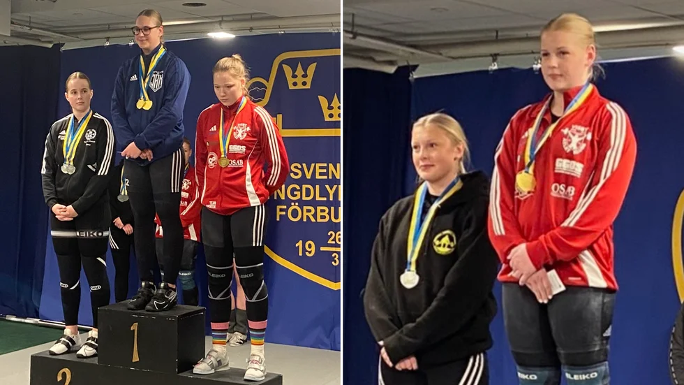 Tilly Wernström (längst till höger) vann JSM-guld under lördagen och satte nytt personligt rekord i samtliga lyftmoment. Alma Gustafsson i röd tröja på prispallen är på väg tillbaka efter ett par skadefyllda år och fick med sig ett brons hem från årets JSM som avgjordes i Örebro.