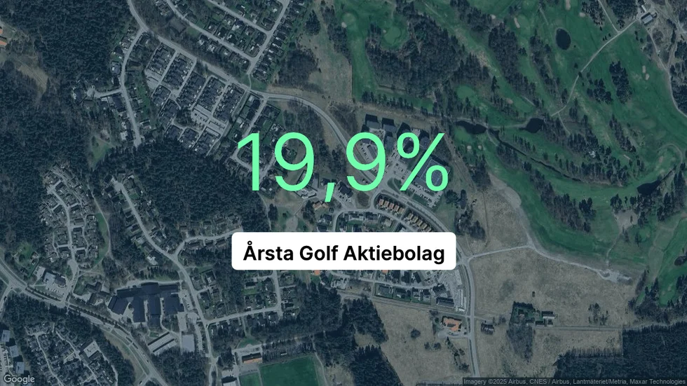 Illustrationen visar rörelsemarginalen för Årsta Golf för det senaste året. Bakgrunden är en satellitbild över företagets adress.