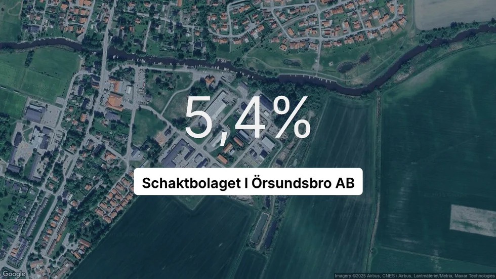 Illustrationen visar rörelsemarginalen för Schaktbolaget I Örsundsbro för det senaste året. Bakgrunden är en satellitbild över företagets adress.