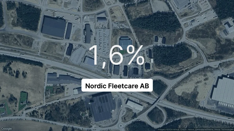Illustrationen visar rörelsemarginalen för Nordic Fleetcare för det senaste året. Bakgrunden är en satellitbild över företagets adress.