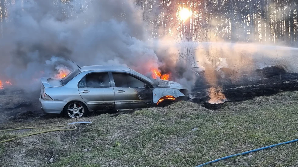 Bil fattade eld efter att ha kört i diket.