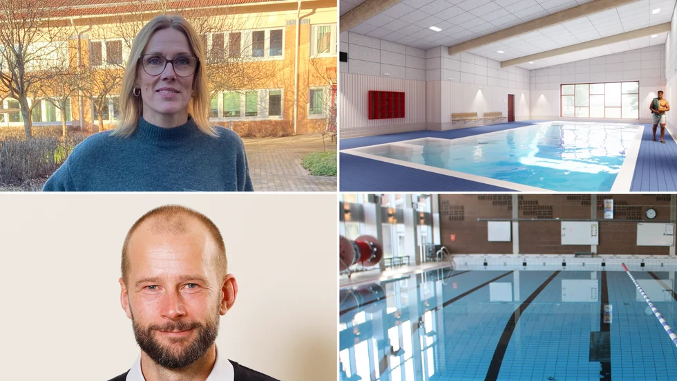 Exploateringsingenjören Stina Norrbom som har det övergripande samordningsansvaret för Larslunda IP, en skiss av en mindre bassäng i det blivande badhuset, nyanställda byggprojektledaren Erik Granbeck samt Thomasbadet som är slitet och sjunger på sista versen.