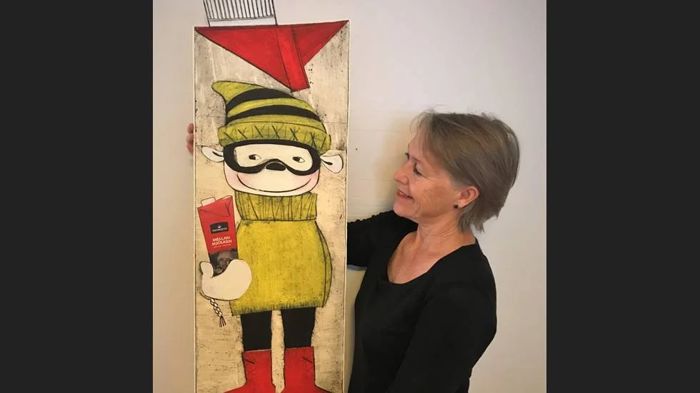 Konstnären Elisabet Linna Persson från Luleå har gjort ett handkolorerat grafik-collage med titeln ”Jag dricker mjölk vit som snö och återvinner paketet för vår miljö.”