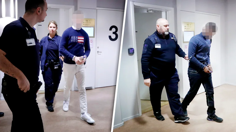 De åtalade, en 19-åring och en 20-åring, leds in i Eskilstuna tingsrätt på den första av minst 17 rättegångsdagar. 