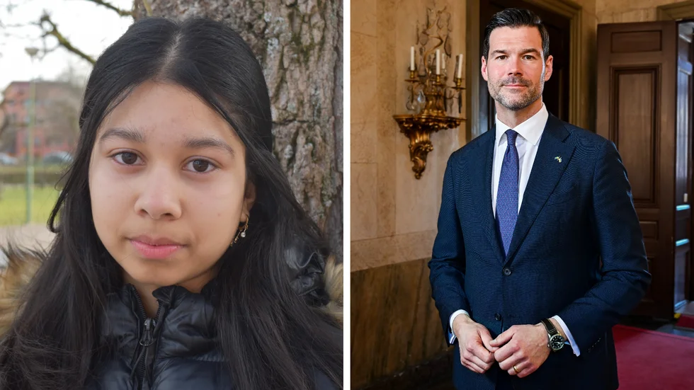 Utvisningshotade Rahma, till vänster, och migrationsminister Johan Forssell (M), till höger.