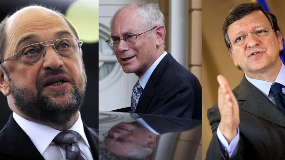 Det blir en trojka som tar emot Nobels fredspris i Oslo för EU:s räkning: EU-kommissionens ordförande José Manuel Barroso, EU:s permanente ordförande Herman Van Rompuy och EU-parlamentets talman Martin Schulz. De representerar de tre viktigaste EU-institutionerna: kommissionen, Europeiska rådet och EU-parlamentet. Vem som ska hålla tal är inte avgjort, inte heller vad EU ska göra med prispengarna. Debattören Lars Neselius skriver att det är ett modigt val att ge fredspriset till EU. Foto: Scanpix