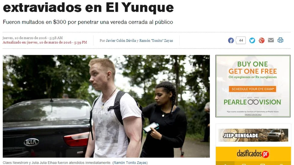 LIVRÄDDA. Puerto Rico-tidningen El nuevo día skriver om Luleåparet – "Svenska turister vilse i El Yunque fruktade för sina liv".