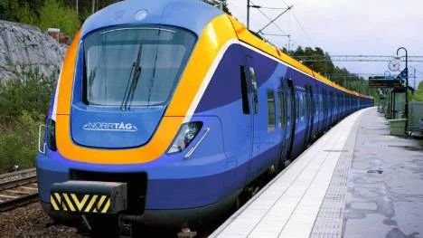 Så här kommer det nya Norrlandståget at se ut. De elektriska motorvagnstågen tillverkas nu och kommer i trafik i höst, när Botniabanan öppnas. De har typnamnet Coradia och i Sverige beteckningen X62.