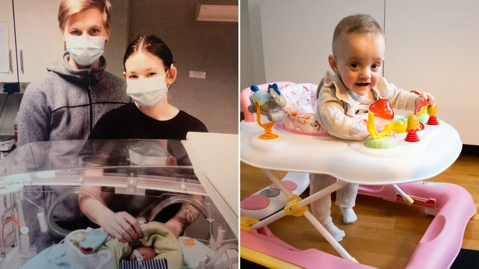 Fredric Vesterberg och Emma Svedlund med dottern Vera som föddes extremt för tidigt. På bilden till vänster är Vera en vecka gammal. Bilden till höger är ny.