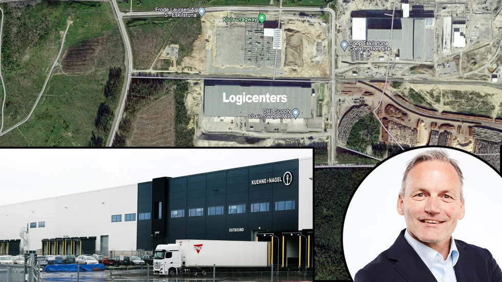 Logicenters ska ha sålt fastigheten Aspestahult 1:5 i Eskilstuna logistikpark till AXA investment managers. En portfölj med fem Logicenters-fastigheter ska ha sålts för cirka 2,5 miljarder kronor, enligt sajten Dagens logistik. På bilden fastigheten där bland annat Kuehne Nagel håller lager för Amazaon i Sverige. På bilden även Logicenters vd Matthias Kettelhoit som inte vill kommentera ärendet.