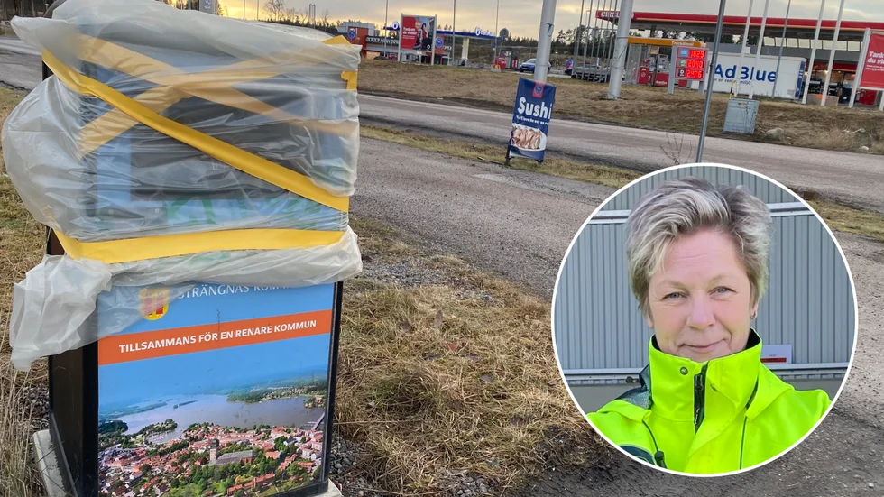 Marie Ollman och en igentejpad soptunna vid Biskopskvarn. 