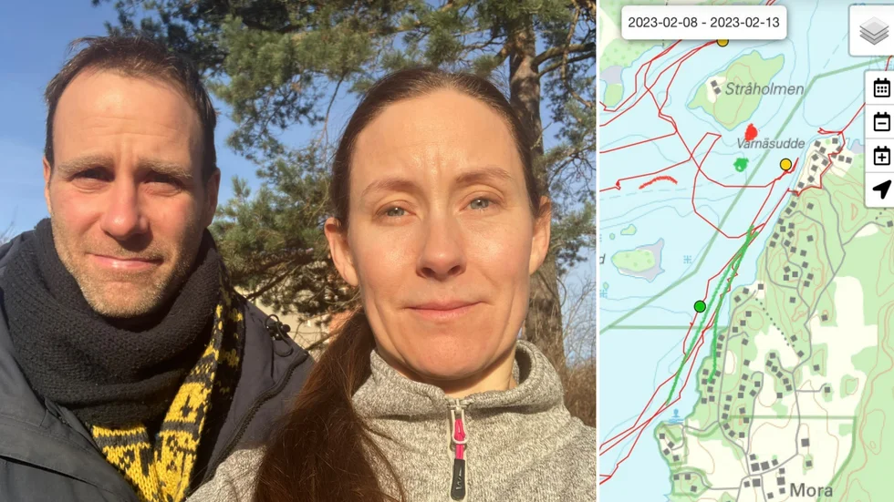 Sebastian Constantino och Hanna Wetterstrand larmade och hjälpte till vid det befarade drunkningstillbudet mellan Mora och Sundbyholmsön i söndagseftermiddag. Den röda markeringen visar platsen där skridskoåkarna gick genom isen, den gröna dit Hanna tog sig fram.