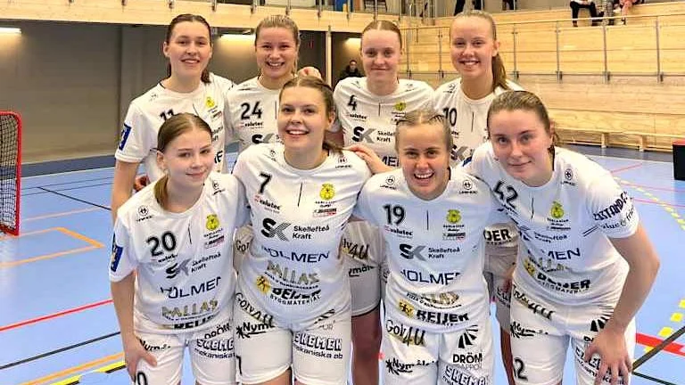 Målskyttar, bakre raden från vänster: Tilda Johansson, Elin Hultman, Emmy Helander och Lina Eriksson. Främre: Leia Norlund, Frida Jonsson, Meja Käller och Emelie Engström.