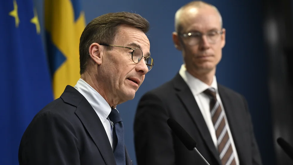 Statsminister Ulf Kristersson och Nato-förhandlaren Oscar Stenström ses här vid en av de otaliga pressträffar som hållits under den svenska processen för att komma in i Nato.  