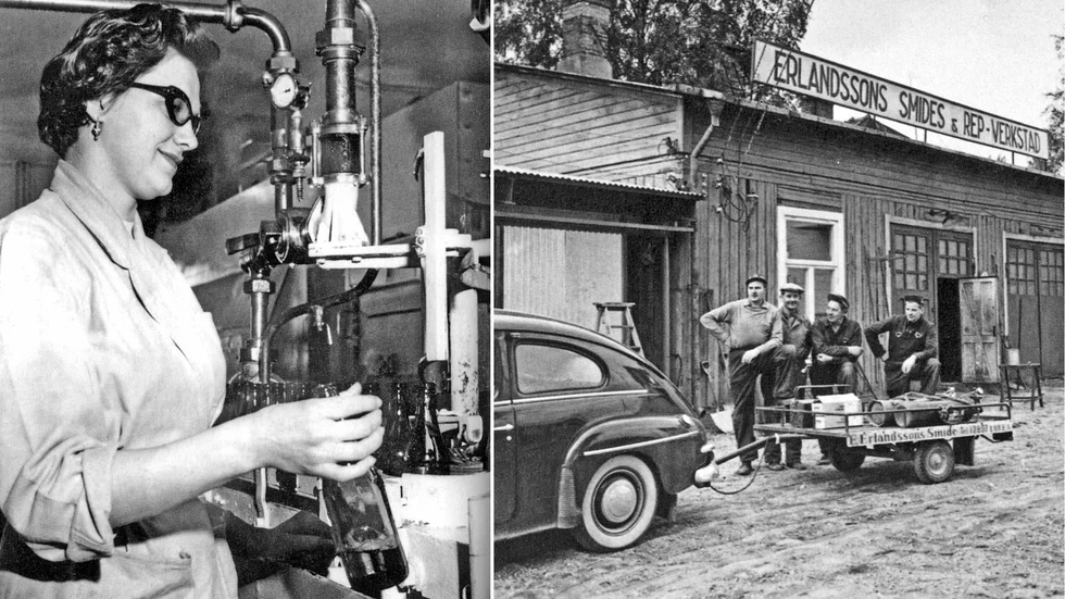 Sonja Norman vid Luleå bryggeris tappningsmaskin 1963. Till höger Erlandssons smides & reparationsverkstad 1957, från vänster Bengt Åberg, Jonas Wikström, Lahti och Henry Johansson.