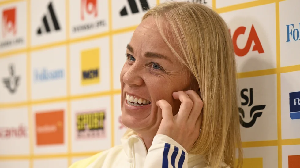Caroline Seger på söndagens presskonferens i Málaga efter beskedet att hon slutar i landslaget.