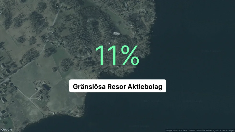 Illustrationen visar rörelsemarginalen för Gränslösa Resor för det senaste året. Bakgrunden är en satellitbild över företagets adress.