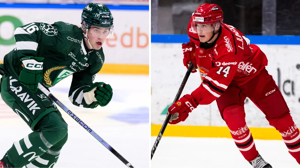 Akexander Ljungkrantz i två klubbtröjor. Färjestads gröna, som han spelade i på torsdagen, och Almtunas röda, som han bär i fredagskvällens  match mot Tingsryd.