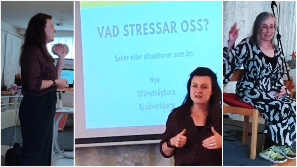  Charlotte Lindmark bjöd på många skratt och kloka ord under sin föreläsning och Vivi-Anne Sundberg (längst till höger) berättade om yogans betydelse för välmående.