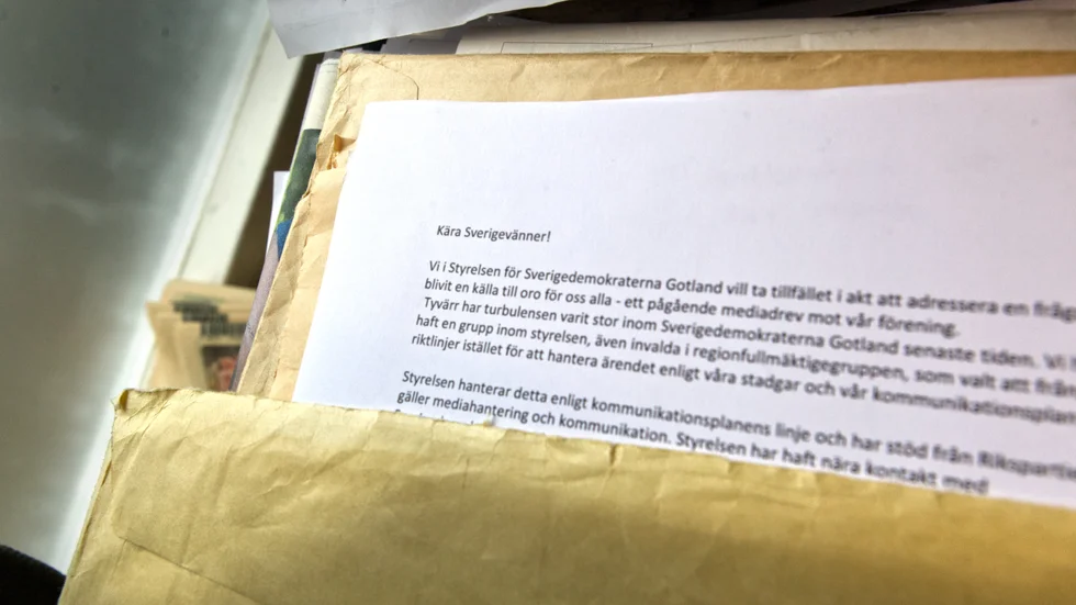 Brevet skickades ut till medlemmarna i SD Gotland tidigare i veckan. "Jag kommenterar inte medlemsbrev, för det är inget som ska ut till allmänheten."  