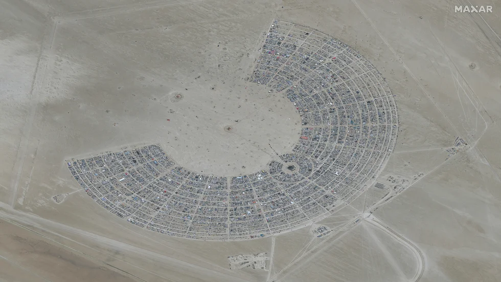 Tältlägret i den tillfälliga stad som byggs upp för Burning Man varje år. Årets festival drabbades av oväder. Arkivbild.