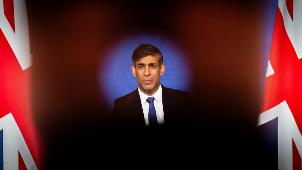 Storbritanniens premiärminister Rishi Sunak under torsdagens presskonferens.