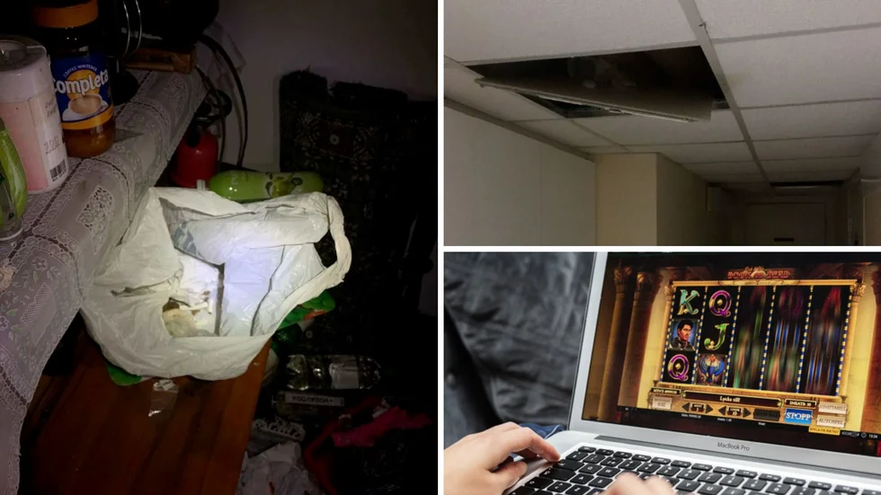 Under förundersökningen har polisen gjort flera beslag av narkotika. I bilden till vänster ett narkotikafynd i en kolonistuga och till höger ett fynd under en takplatta i ett annat utrymme.
