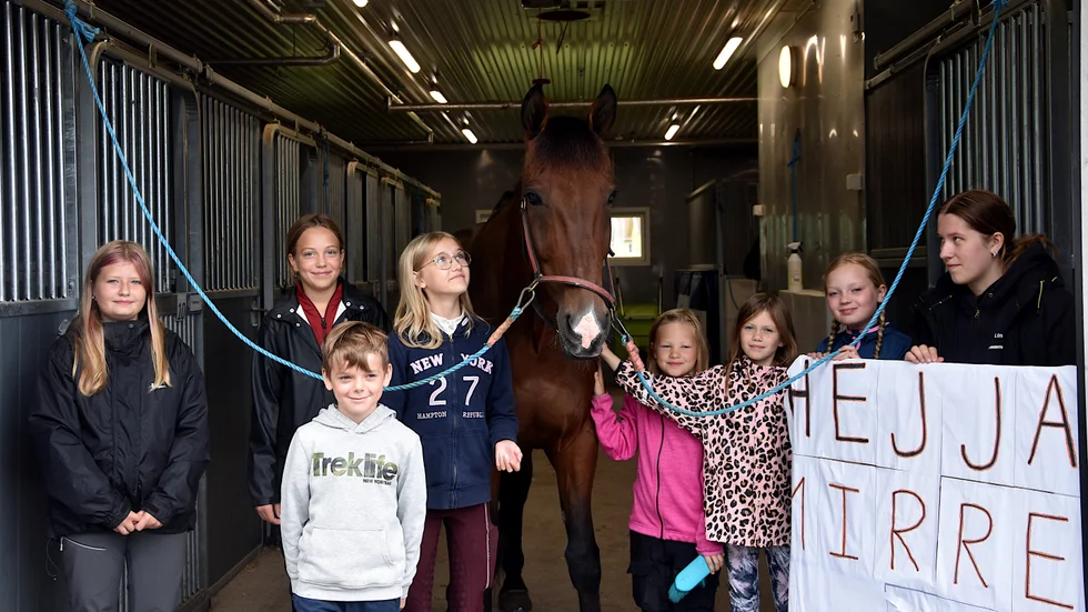 Samling kring favoriten. Travskoleleverna Junie Spaak, Alice Nilsson, Milton Lundberg, Gry Johansson, Merja Ylipää, Emma Lampa, Alva Alamäki och Linnéa West (som jobbar på Travskolan) med Mr Sånna som gjort en fin comeback i sommar. 
