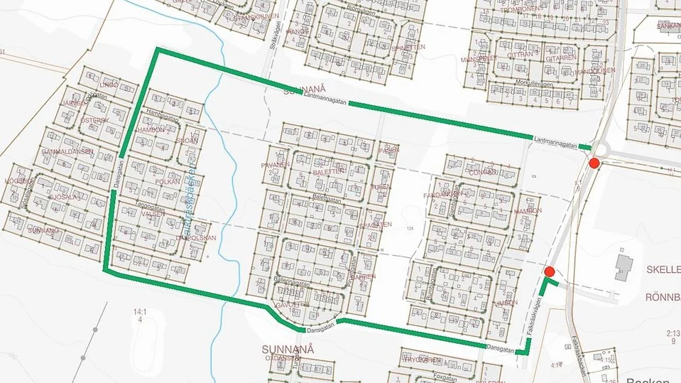 Between the red dots, the road will be closed. The green line indicates the detour route.