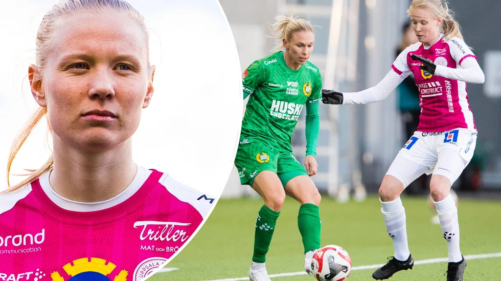 Elin Rombing, tidigare i Eskilstuna United, spelar nu i Damallsvenskan med IK Uppsala och har ett stort mål i sikte – rädda kvar sitt nya lag i hösgsta serien. På bilden syns även VM-spelaren Jonna Andersson.
