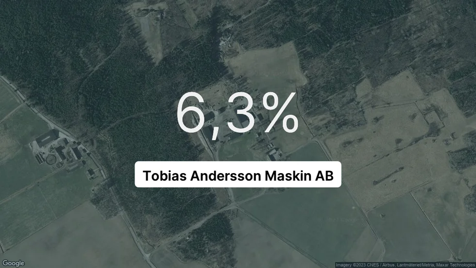 Illustrationen visar rörelsemarginalen för Tobias Andersson Maskin för det senaste året. Bakgrunden är en satellitbild över företagets adress.