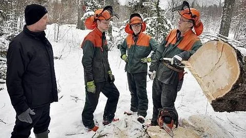 Tord Andersson diskuterar röjningen med Johan Holmstedt, Erik Jansson och Calle Wårdh från Skogsstyrelsen.