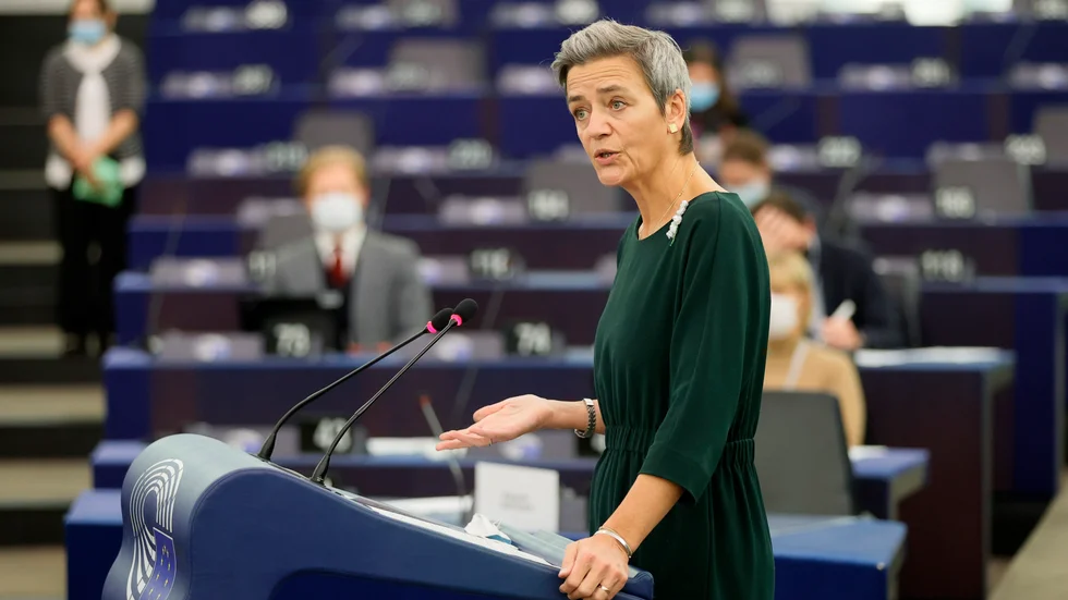 EU:s digitaliseringsansvariga exekutiva vice kommissionsordförande Margrethe Vestager i en tidigare debatt i EU-parlamentet. Arkivfoto.