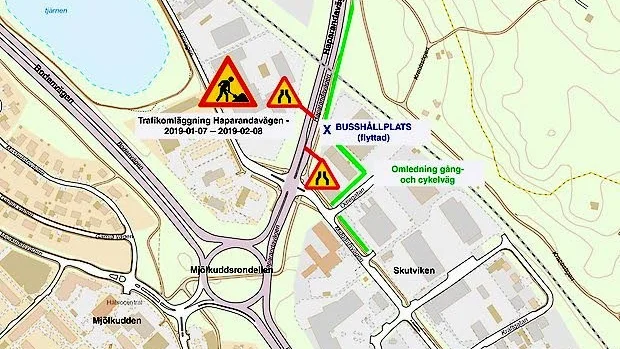 Så här kommer trafiken att ledas om efter Haparandavägen från och med måndag 7 januari. Ett körfält med enkelfil åt vardera håll. Även gång- och cykelbanan leds om.