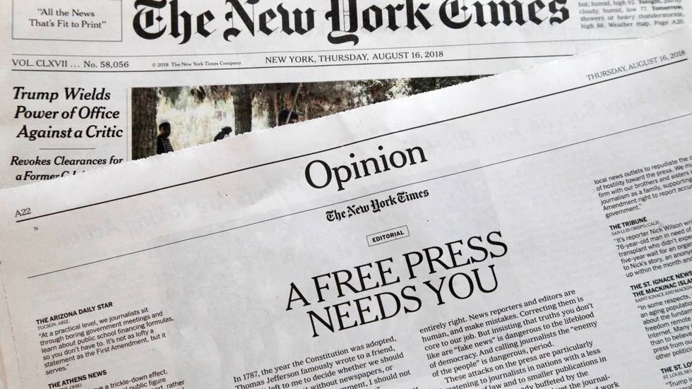 New York Times är ett av nästan 350 medieföretag som deltar i aktionen mot Donald Trumps syn på tryckfriheten.