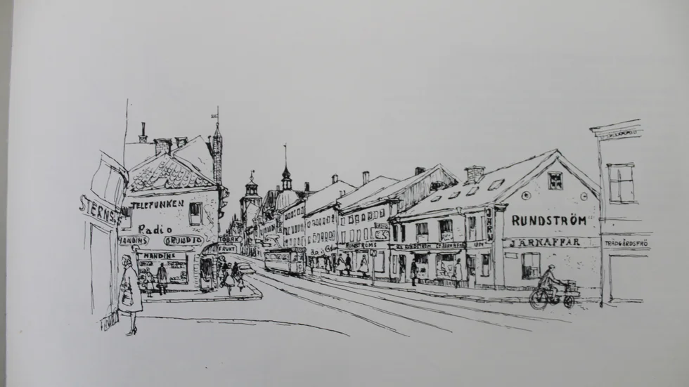 Drottninggatan och korsningen med S:t Persgatan före "rivningsraseriet". Huset med Sterns till vänster är det enda som finns kvar idag, men Sterns är borta sedan länge.