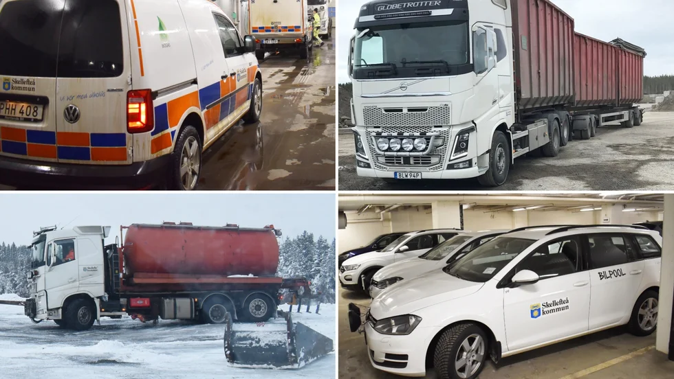 Typiska kommunala fordon. Uppe till höger syns lastbilen som kör sopor till Umeå, den drar mycket bränsle på grund av långa körsträckor.